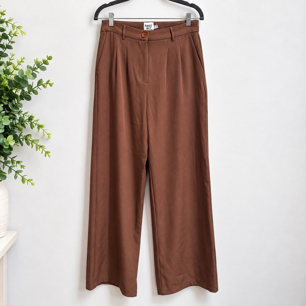 Princess Polly Women's Brown Pleated Wide Leg Trousers Pants Size US 8 AU 12